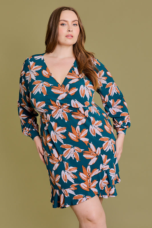 Plus Size Wrap Floral Long Sleeve Surplice Mini Dress