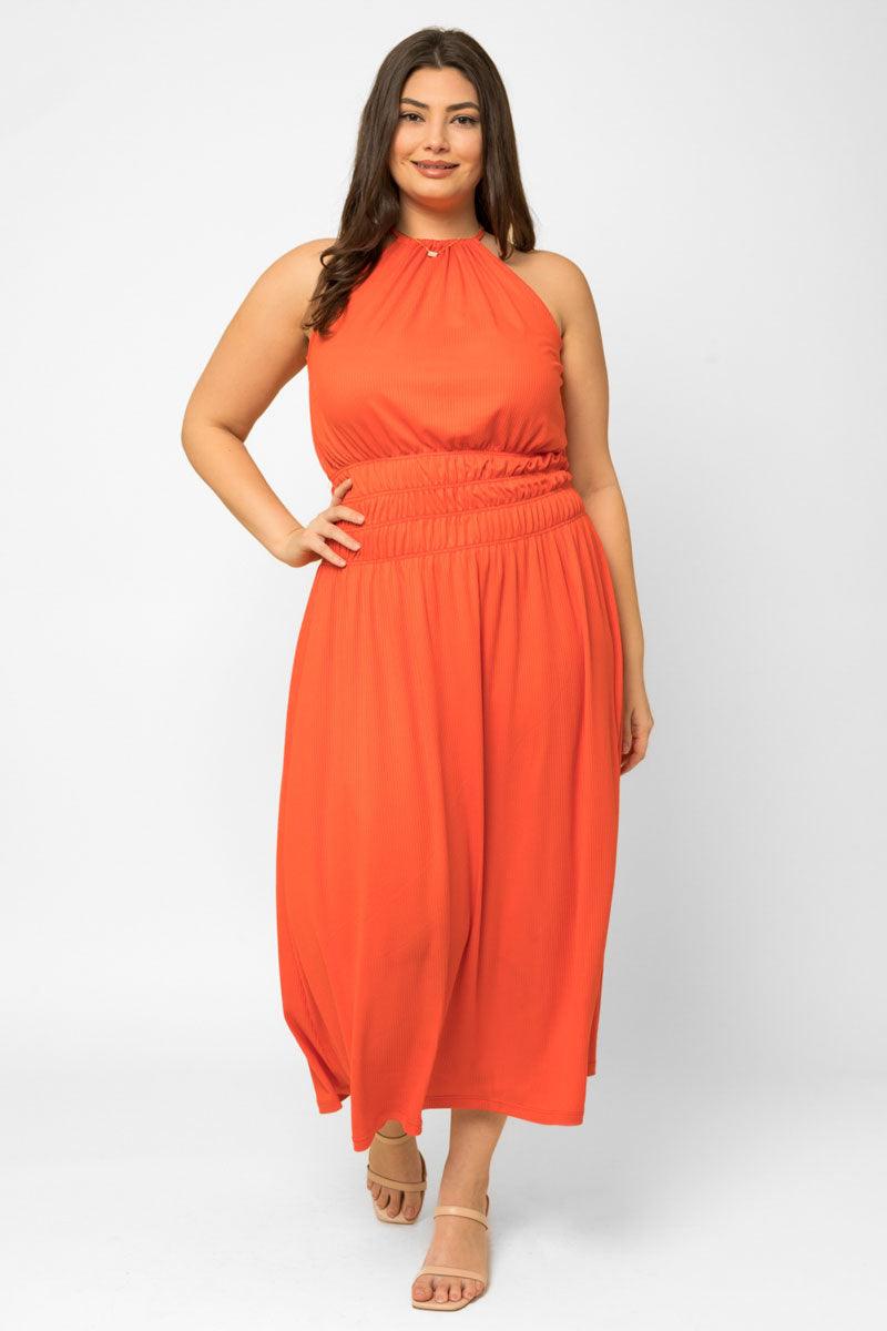 Plus Size Ribbed Halter Elastic Waist Maxi Dress - Tasha Apparel Wholesale