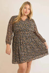 Plus Size Ditsy Chiffon Long Sleeve Buttoned Mini Dress