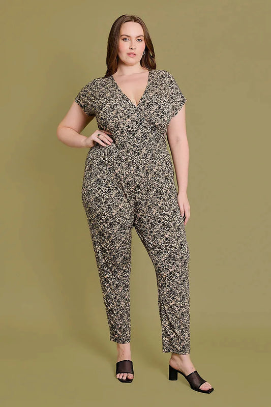 Plus Size Floral V-Neck Short Sleeve Jumpsuit