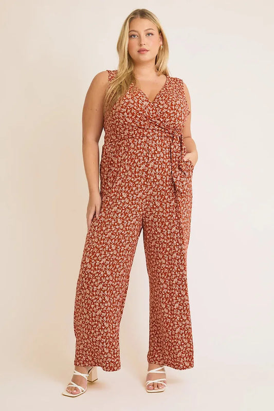 Plus Size Floral Print Sleeveless Wrap Tie Jumpsuit