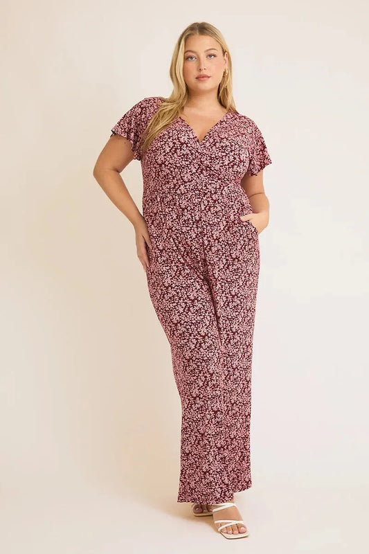 Plus Size Floral Print Wrap Short Sleeve Jumpsuit