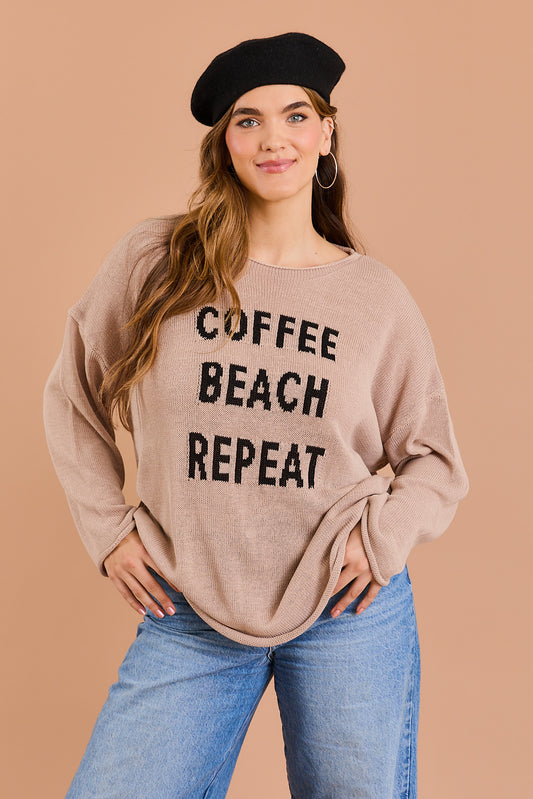 Plus Size "COFFE BEACH REPEAT" Print Knit Sweater