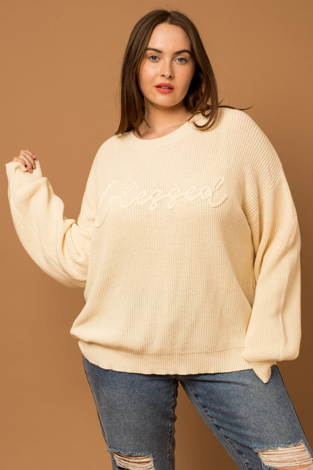 Plus Size "BLESSED" Stitched Pullover Sweater