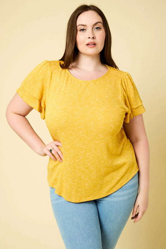 Plus Size Double Ruffle Short Sleeve Crew Neck Top - Tasha Apparel Wholesale