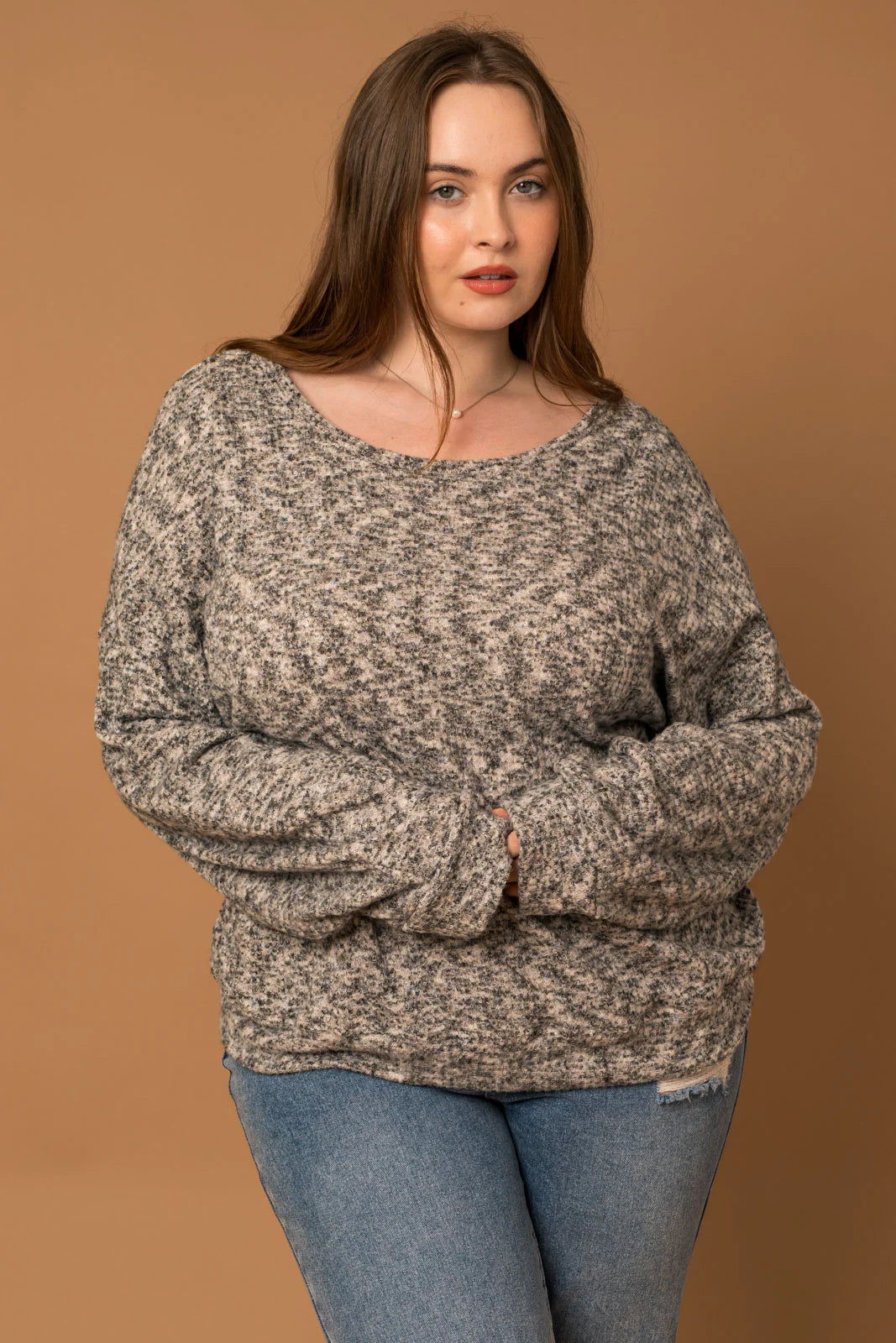 Plus Size Long Ruching Sleeve Marled Sweater