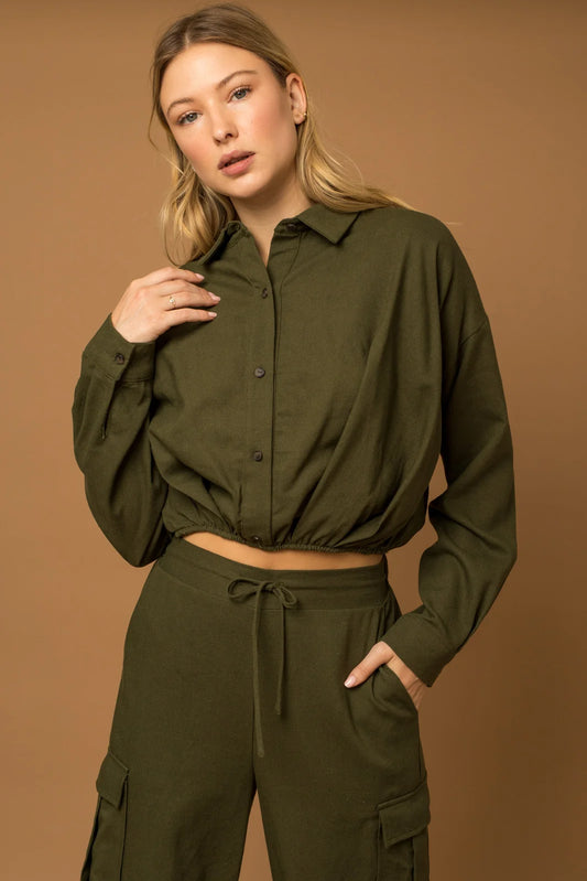 Military Cropped Long Sleeve Drawstring Hem Shirt