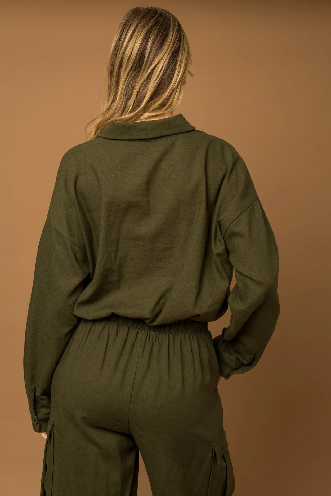 Military Cropped Long Sleeve Drawstring Hem Shirt