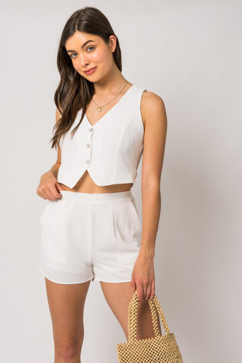 Sleeveless Vest Top Side Slit Linen Shorts Set - Tasha Apparel Wholesale