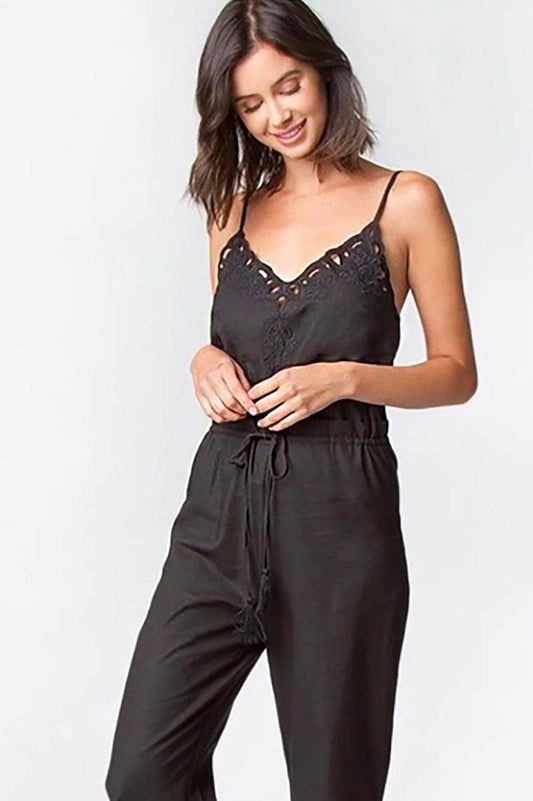 Boho Crochet Embroidered Scalloped Hem Wide Leg Jumpsuit front