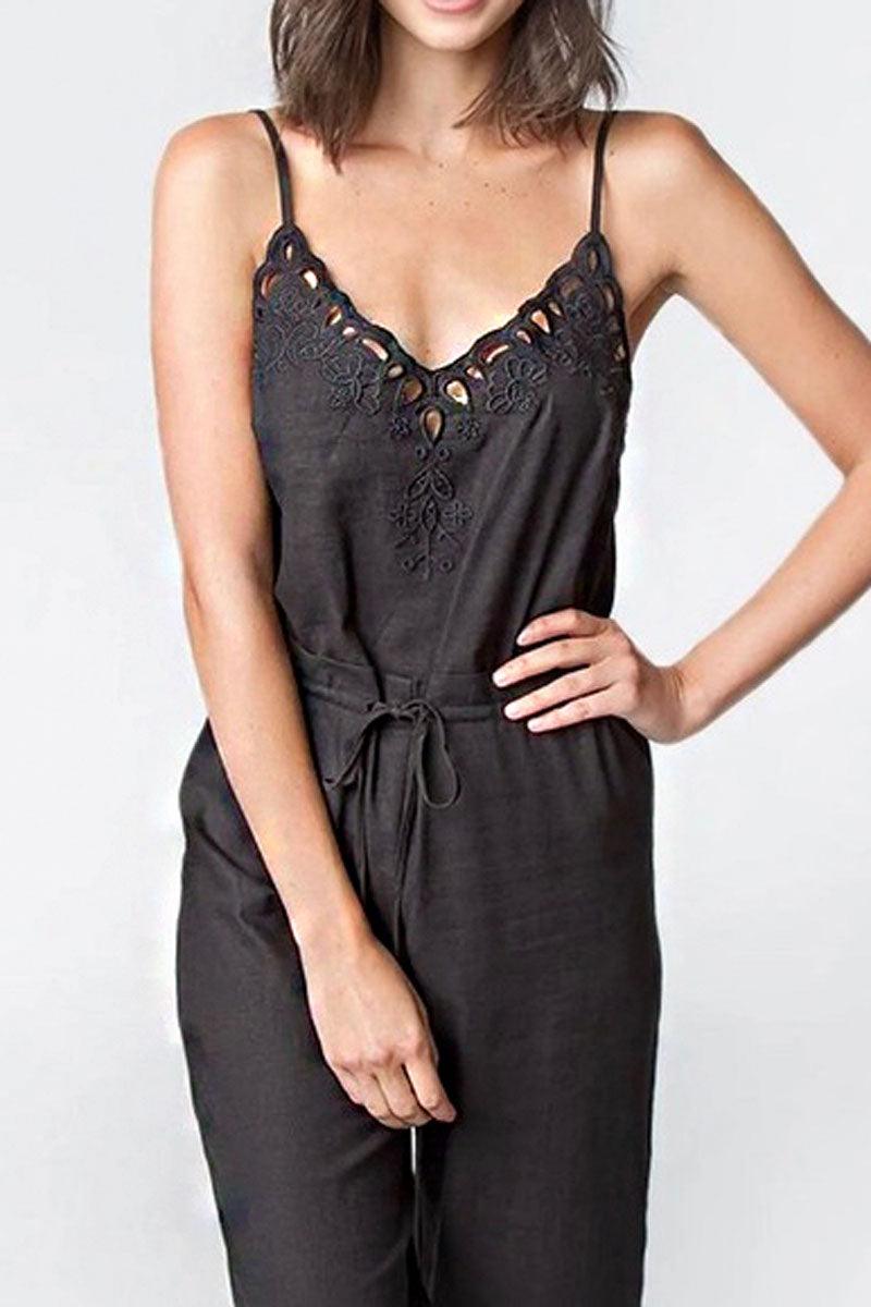 Boho Crochet Embroidered Scalloped Hem Wide Leg Jumpsuit zoom