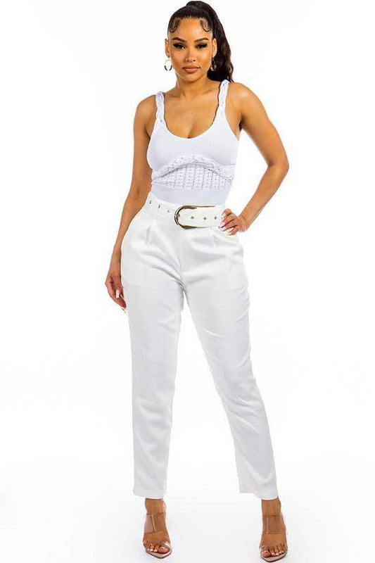 White Pleated High Waist Four Pocket Pants