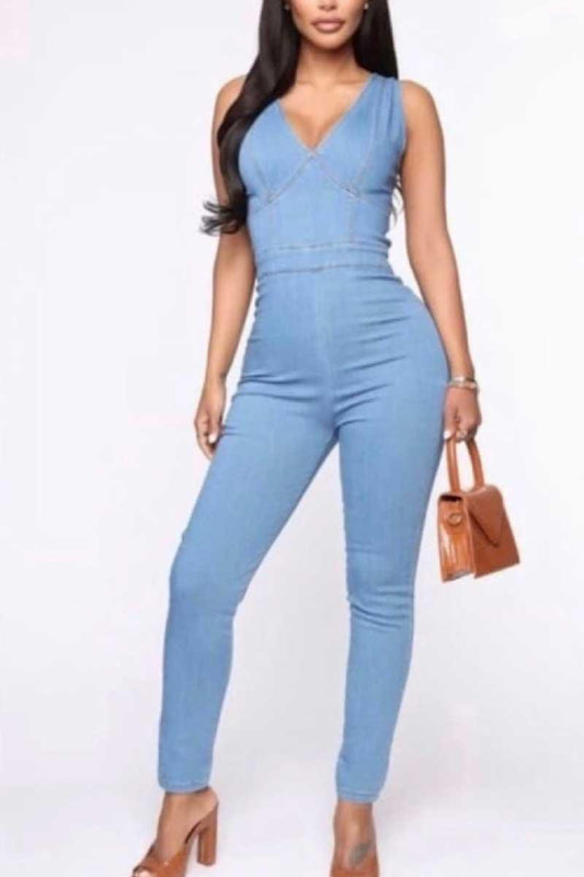 Steel Blue Deep Plunge V-Neck Self-Tie Waist Detail Wide Leg Jumpsuit