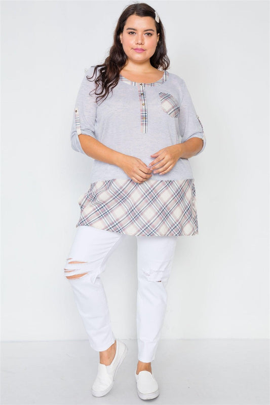 Plus Size Heather Grey Plaid Combo Plus Size Top - Tasha Apparel Wholesale