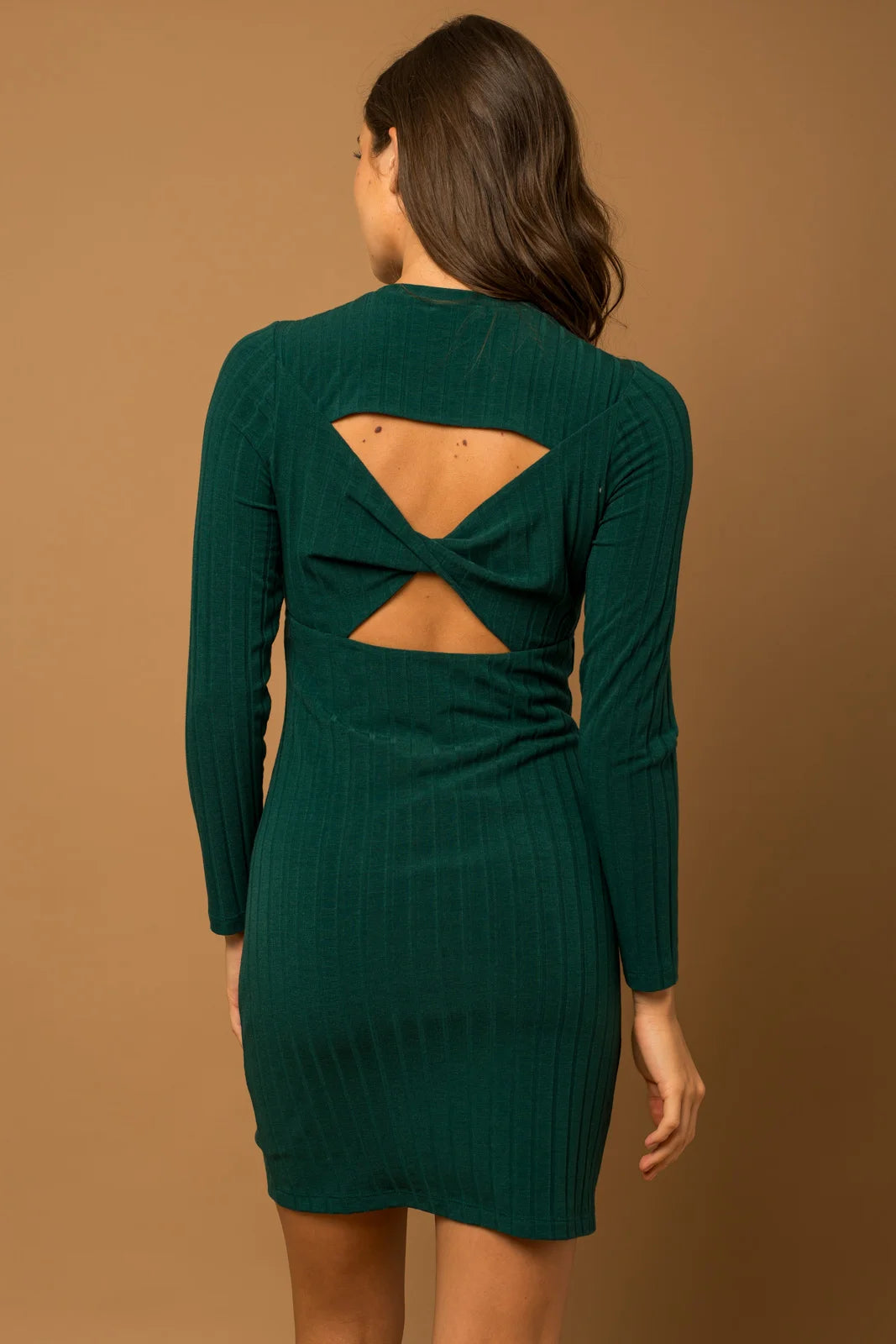 Ribbed Long Sleeve Cut Out Back Mini Dress