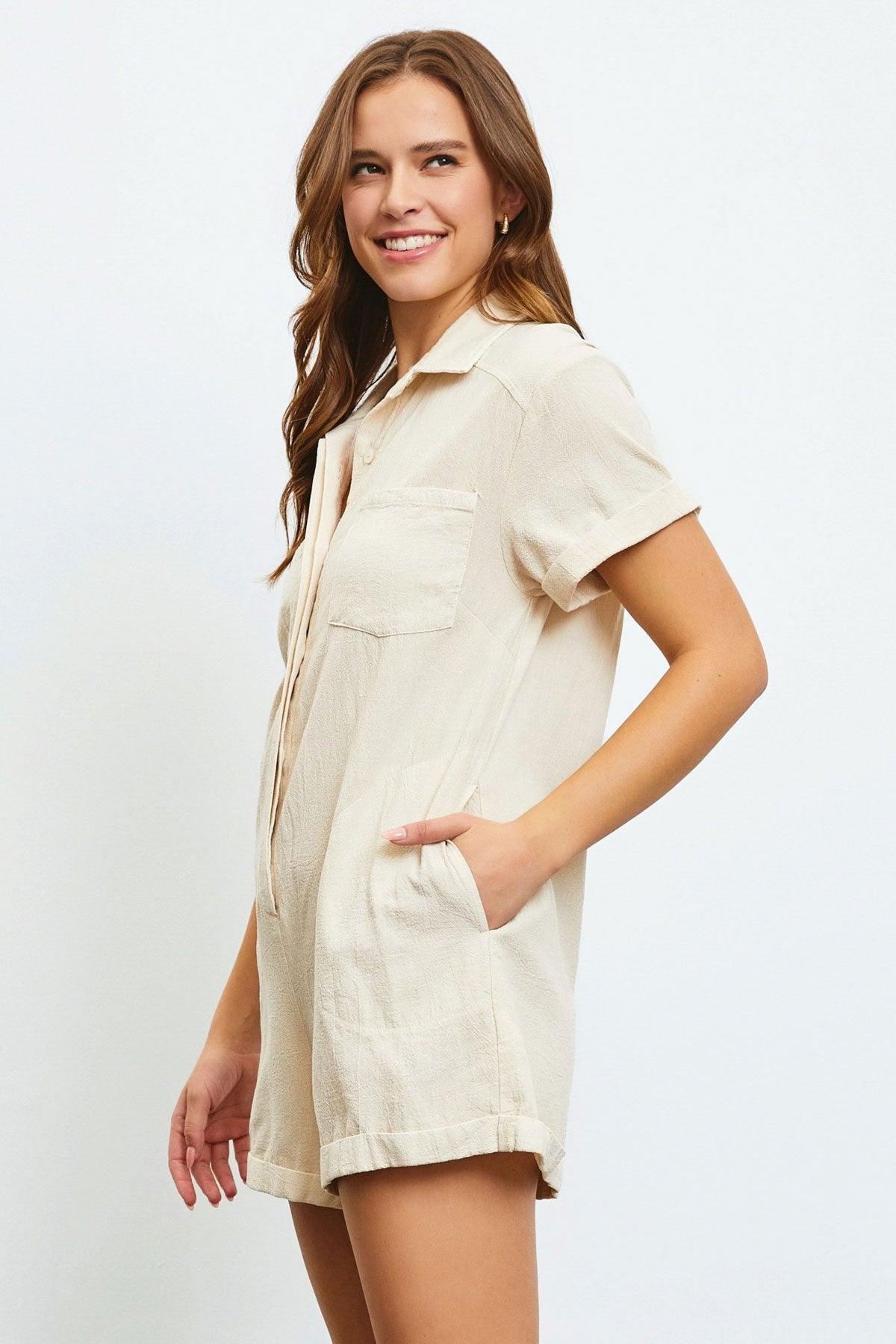 Buttoned Relax Fit Short Sleeve Front Pocket Romper - Tasha Apparel Wholesale