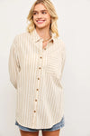 Button Up Beige Striped Pattern Single Pocket Shirt