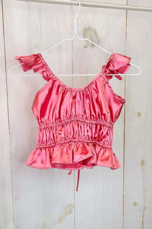 Girls Satin Ruffle Strap Sleeve Drawstring Detail Top