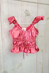 Girls Satin Ruffle Strap Sleeve Drawstring Detail Top