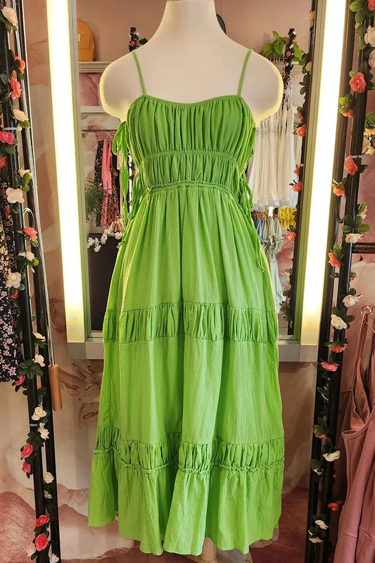 Lime Green Ruched Tiered Side Cut-Out Boho Summer Midi Dress