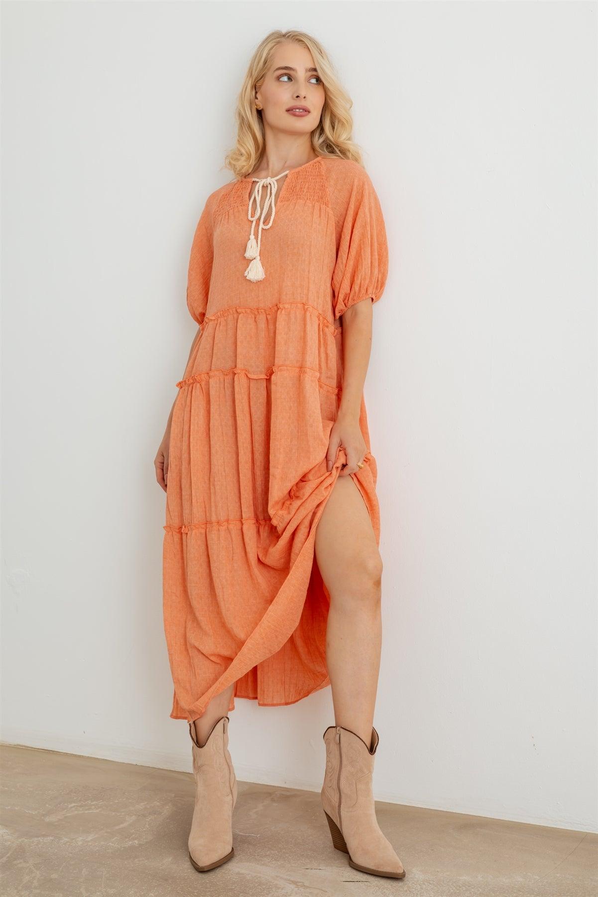 Tangerine Cotton Puff Short Sleeve Tie Neck Midi Dress /2-2-2