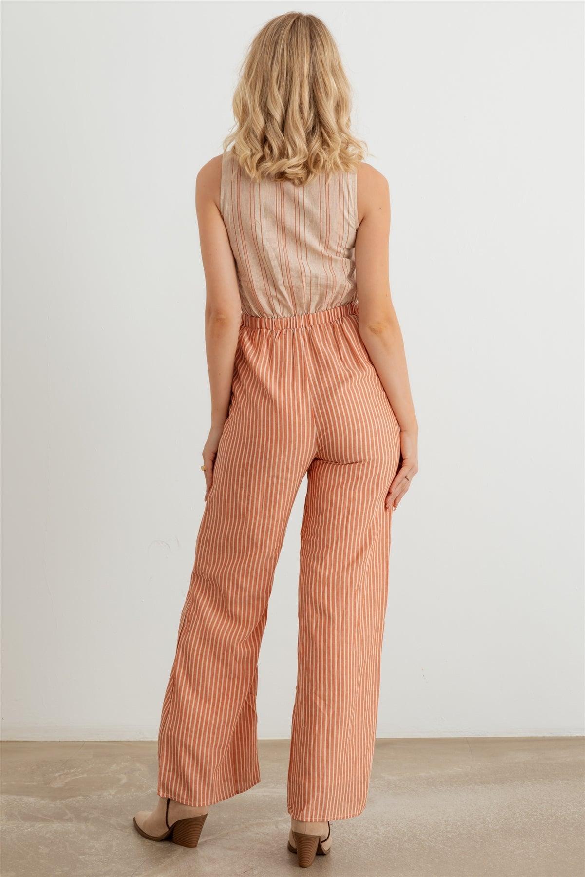 Terracotta Striped Wrap Tie Neck Sleeveless Two Pocket Jumpsuit /2-2-2