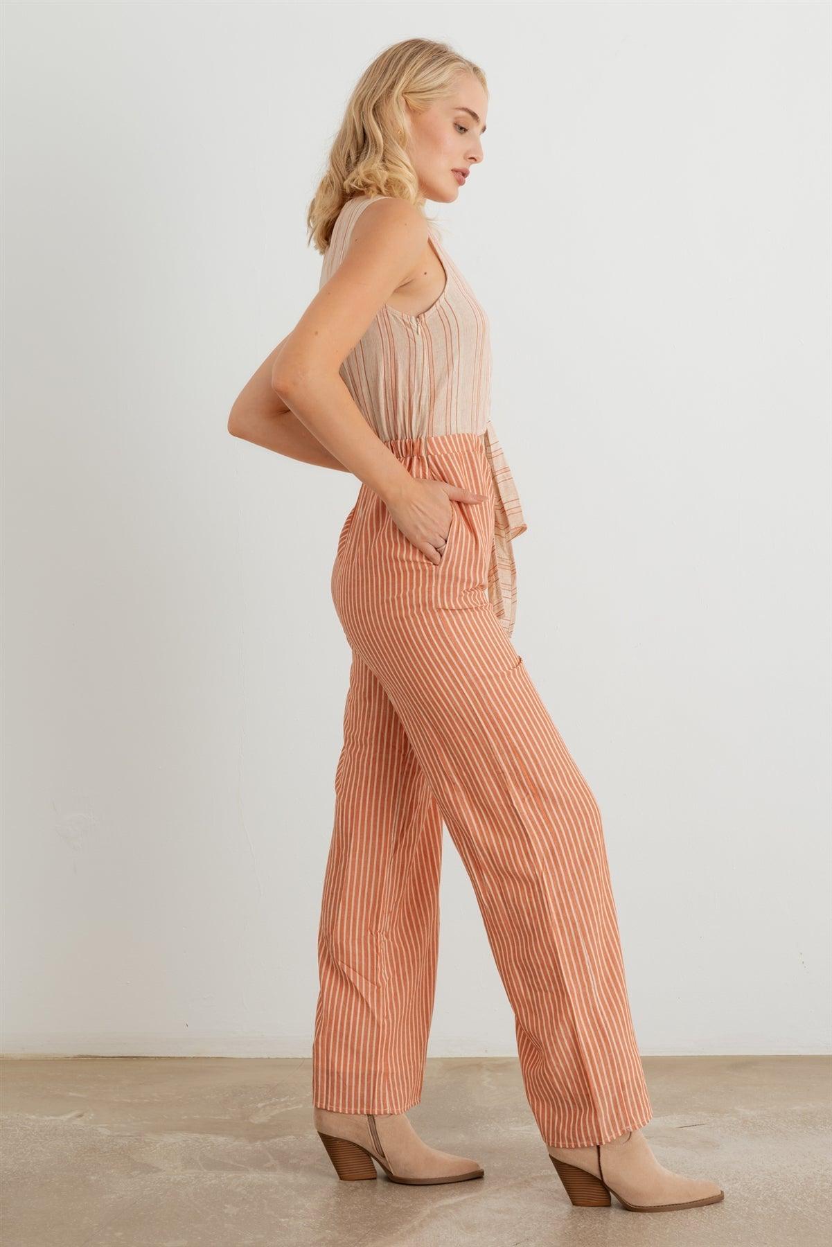 Terracotta Striped Wrap Tie Neck Sleeveless Two Pocket Jumpsuit /2-2-2