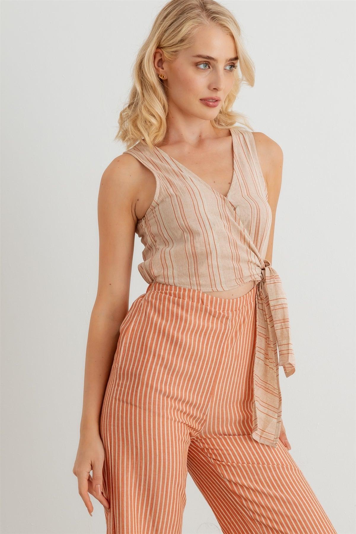 Terracotta Striped Wrap Tie Neck Sleeveless Two Pocket Jumpsuit /2-2-2