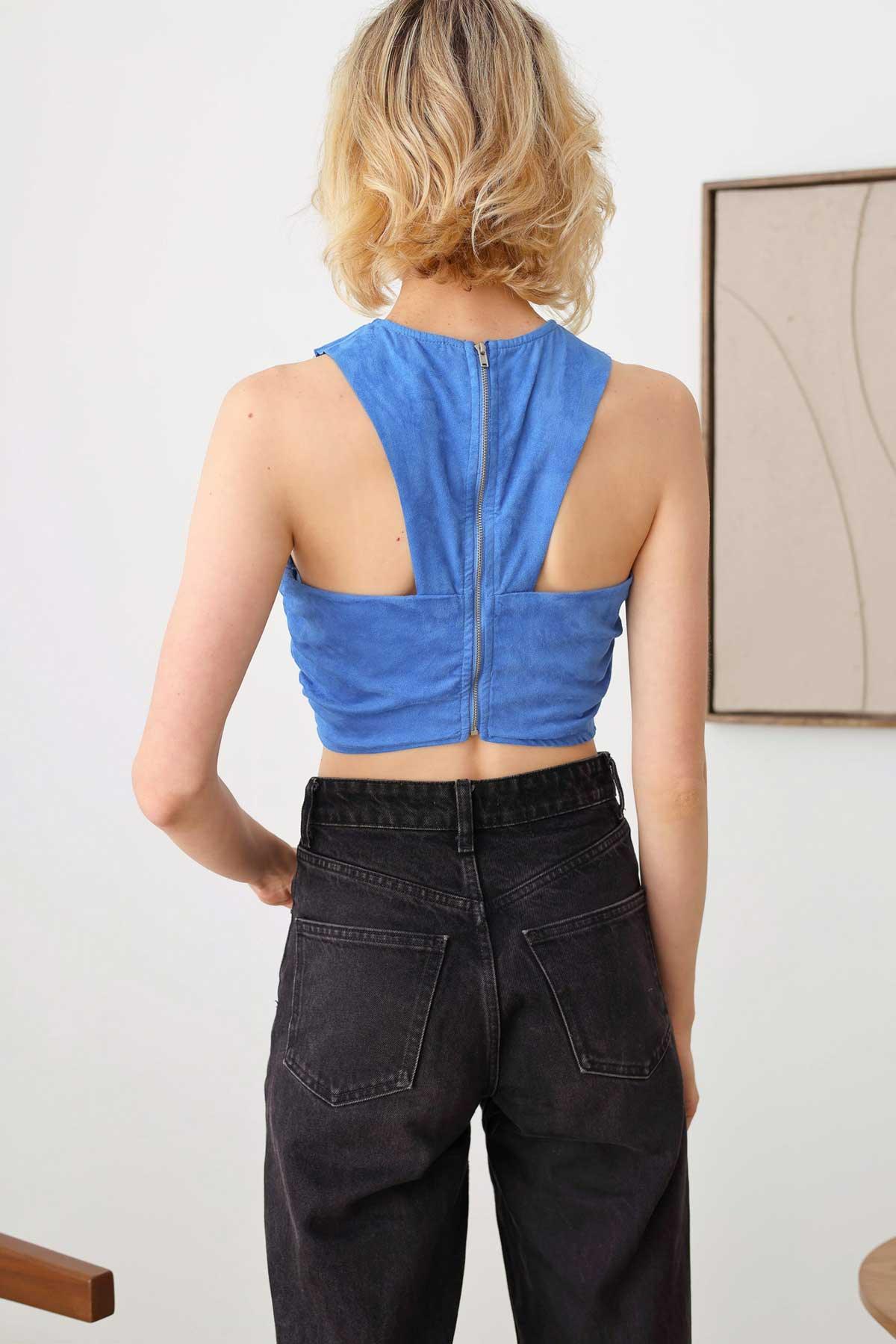 Suede Halter Open Back Twisted Bust Back Zipper Crop Top - Tasha Apparel Wholesale