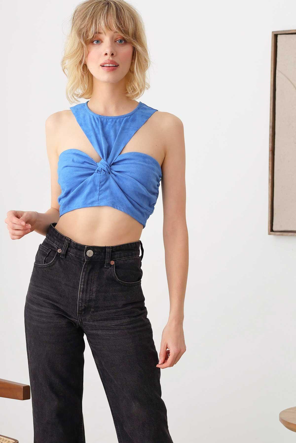 Suede Halter Open Back Twisted Bust Back Zipper Crop Top - Tasha Apparel Wholesale