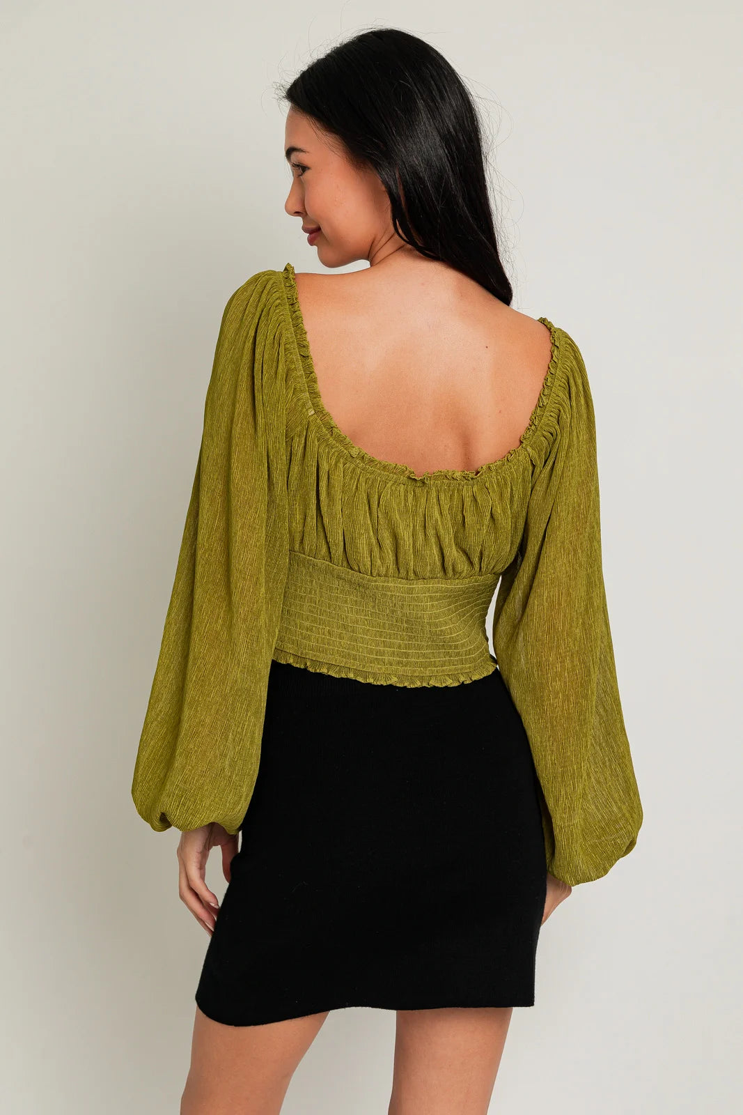 Crop Smoked Long Ballon Sleeve Front Tie Top