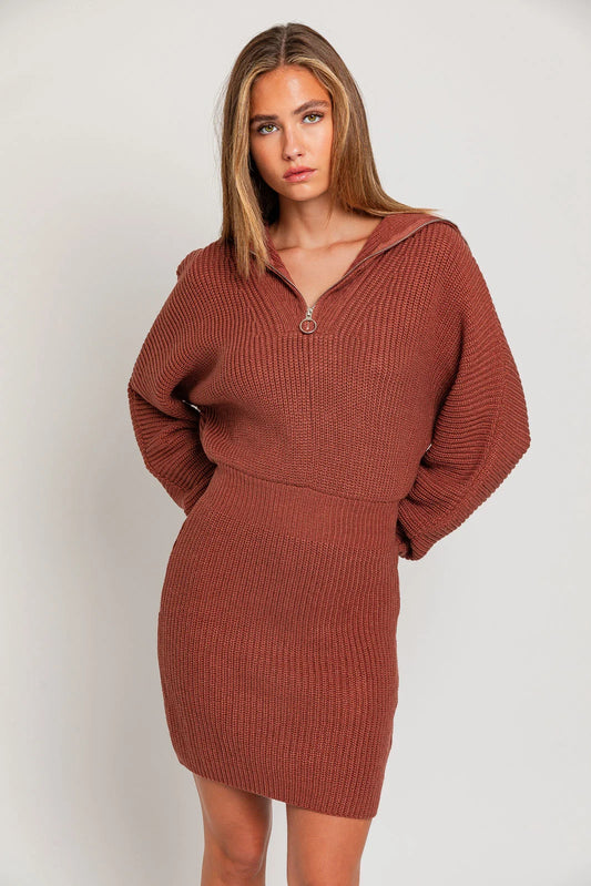 Collared Half Zipper Long Sleeve Mini Sweater Dress