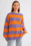 Round Neckline Long Wide Sleeve Striped Sweater