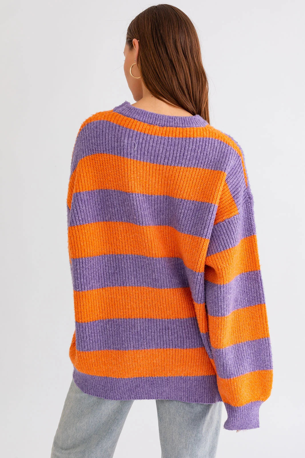 Round Neckline Long Wide Sleeve Striped Sweater