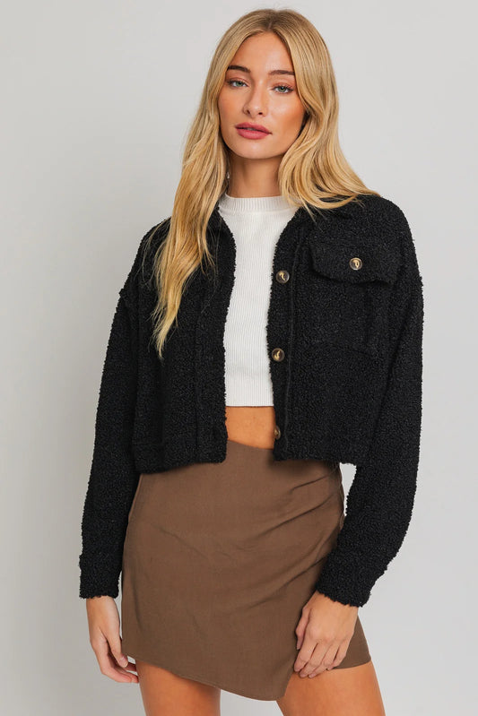 Single Pocket Collared Fuzzy Textured Shacket