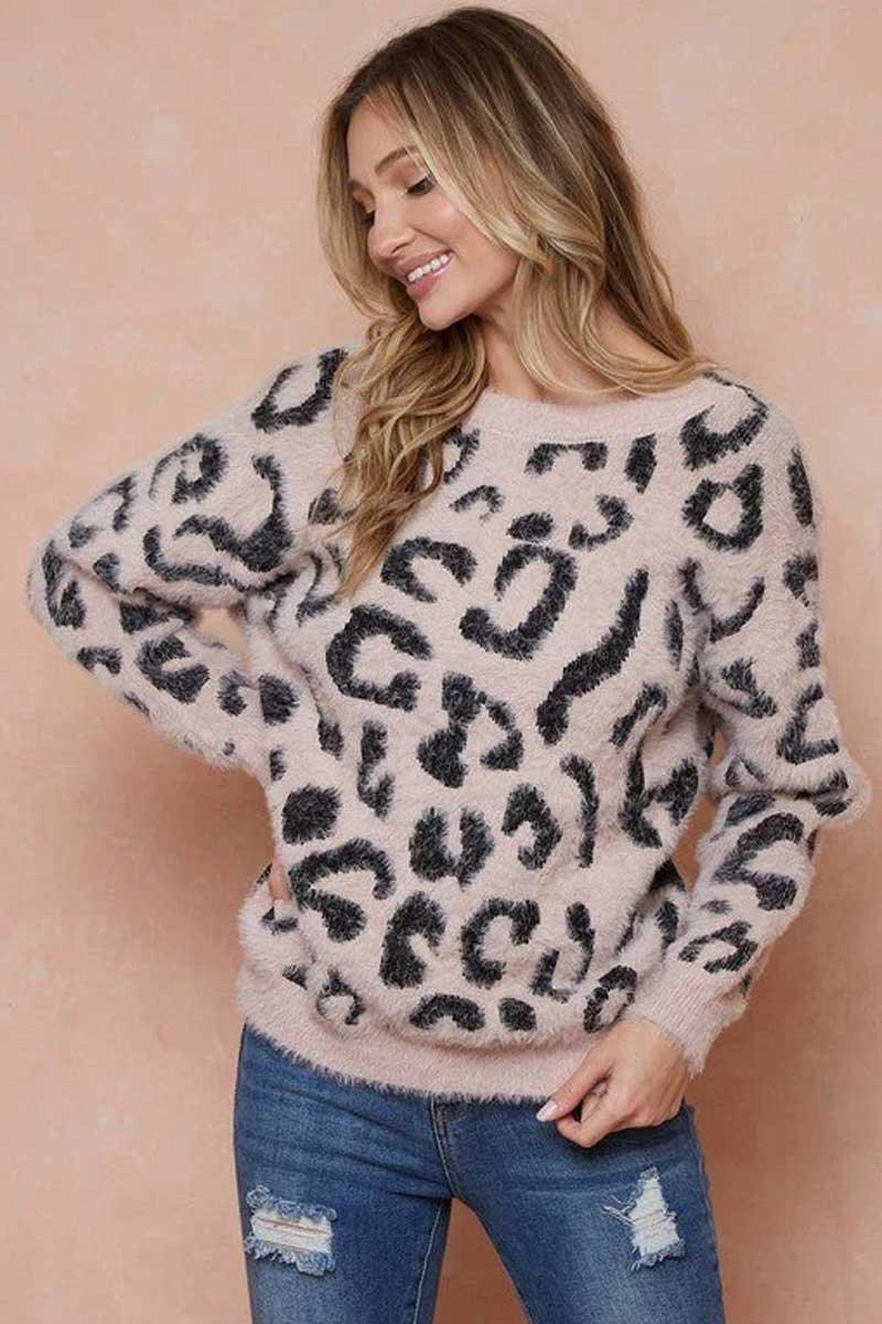 Mauve Animal Print Fuzzy Knit Long Sleeve Sweater - Tasha Apparel Wholesale