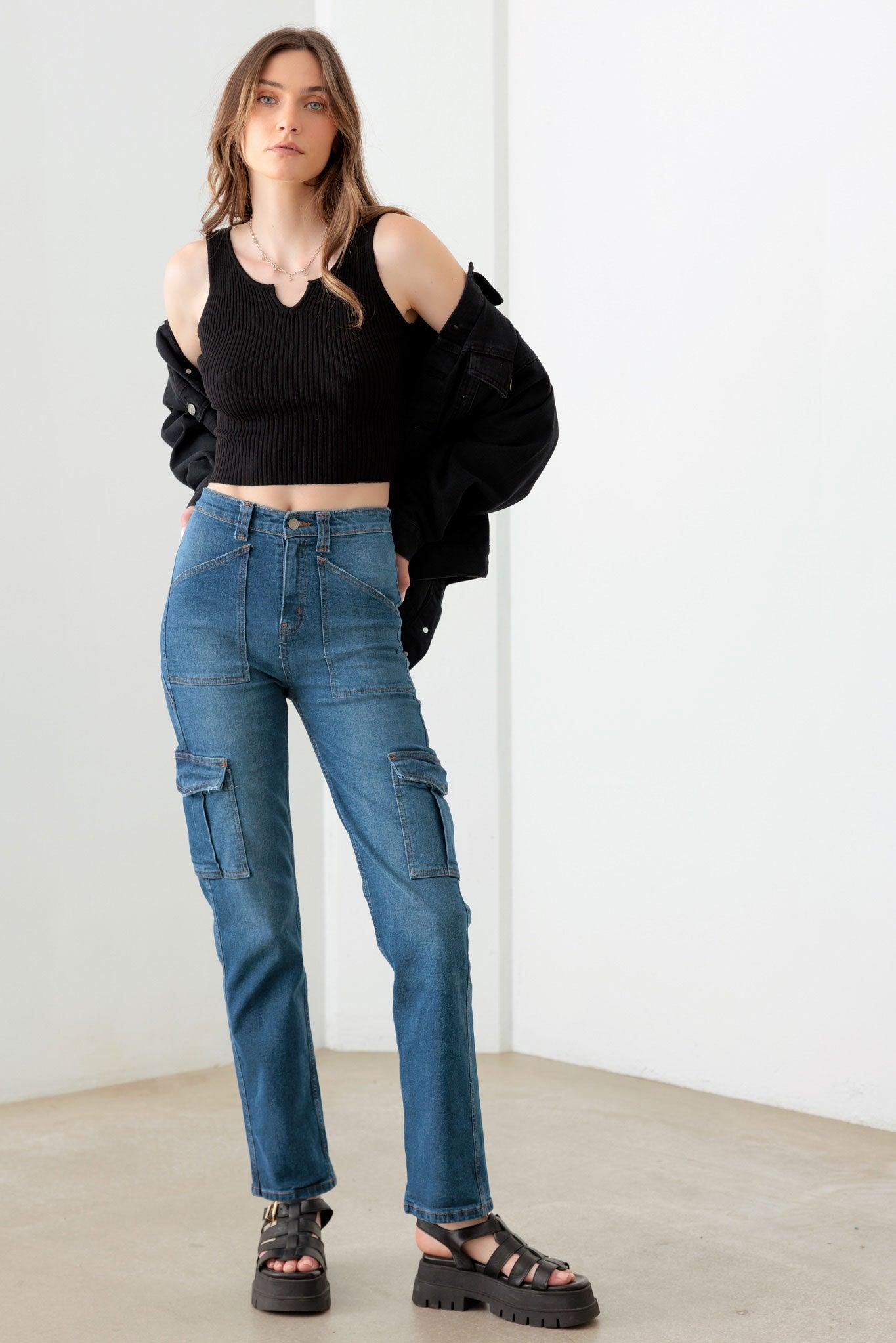 Blue High Rise Wide Cargo Jeans - Tasha Apparel Wholesale