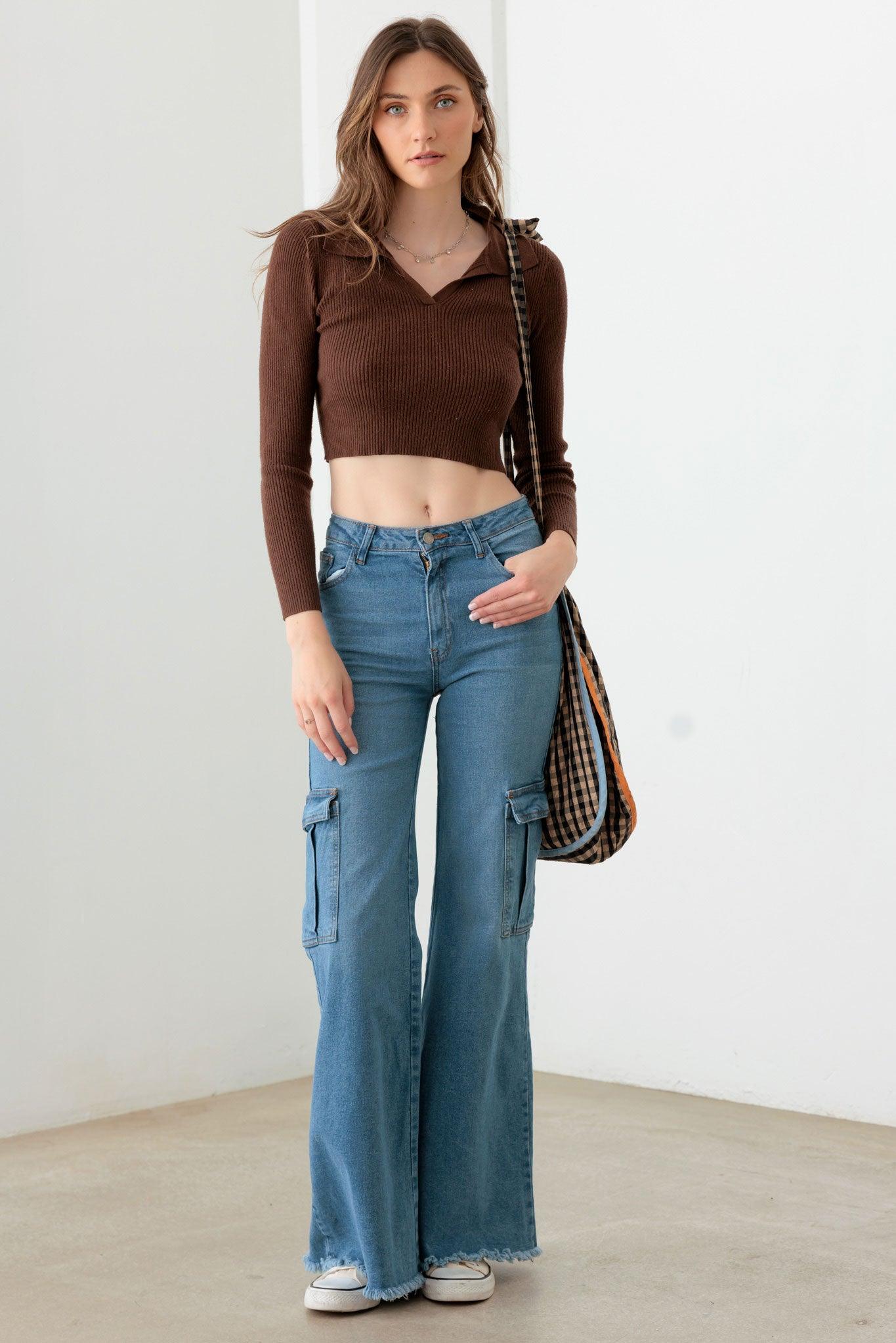 Wide Leg Casual Cargo Jeans - Tasha Apparel Wholesale