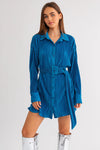 Belted Long Sleeve Pleated Mini Shirt Dress