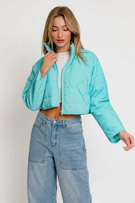 Lightweight Aqua Puff Zip Up Cropped Jacket