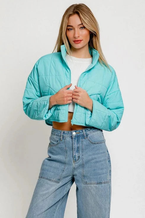 Lightweight Aqua Puff Zip Up Cropped Jacket