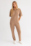 Ribbed Short Sleeve Button Up Cargo Jumpsuit