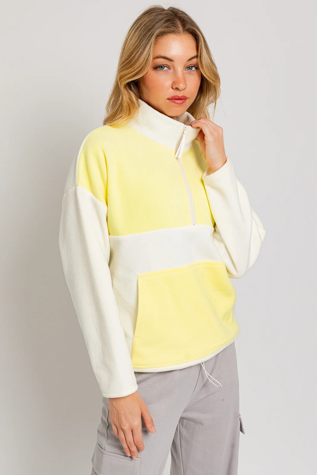 Color Block Fleece Zip Up Drawstring Hem Sweatshirt