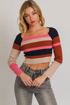 Color Block Long Sleeve Square Neckline Crop Sweater