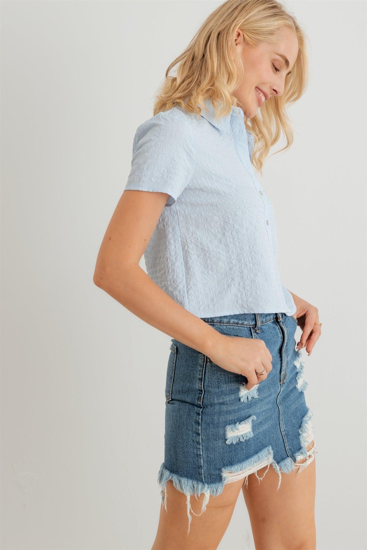 Baby Blue Textured Button-Up Short Sleeve Collar Neck Crop T-Shirt /2-2-2