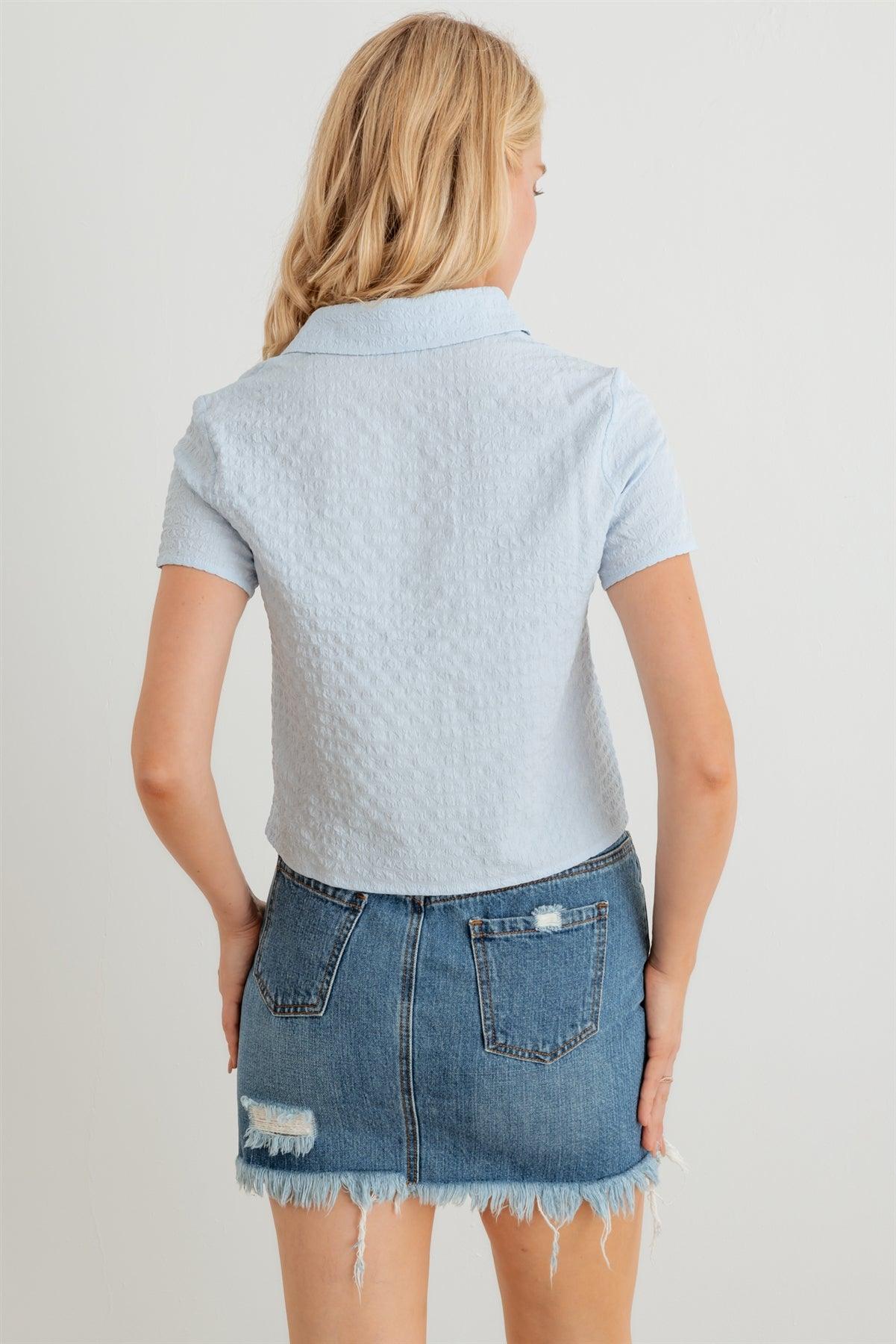 Baby Blue Textured Button-Up Short Sleeve Collar Neck Crop T-Shirt /2-2-2