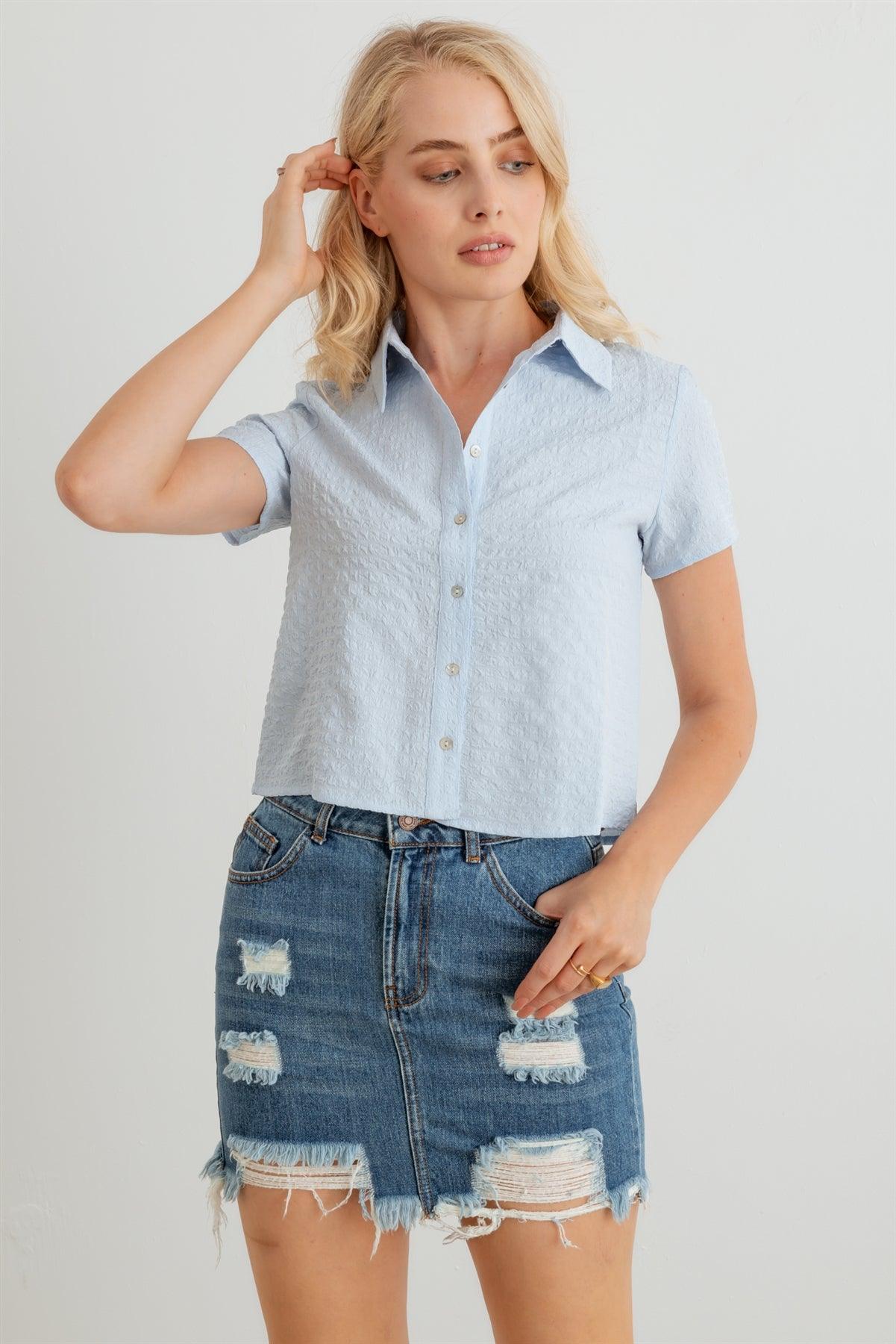 Baby Blue Textured Button-Up Short Sleeve Collar Neck Crop T-Shirt /2-2-2