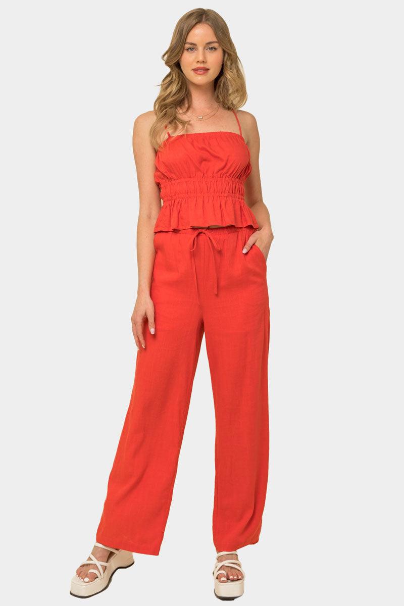 Ruched Crop Linen Cami Top & Elastic Waist Pants Set - Tasha Apparel Wholesale