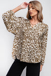 Black Leopard Print V-Neck Balloon Sleeve Top