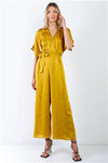 Yellow Dolman Sleeve V-Neck Satin Jumpsuit